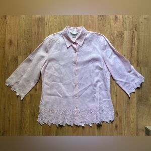Edward 100% Irish Linen Button Up Pink Shirt Flower Stitch Women’s Sz Large